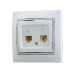Розетка компьютерная RJ45 + телефонная RJ11 СП Мира 16А IP20 с сер. вставкой бел. LEZARD 701-0215-143