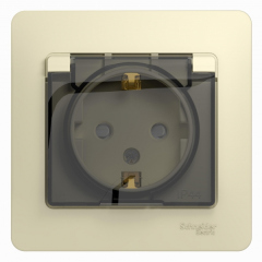 Schneider Electric Glossa Беж Розетка с заземлением со шторками с крышкой, IP44 (в сборе с рамкой) (GSL000248)